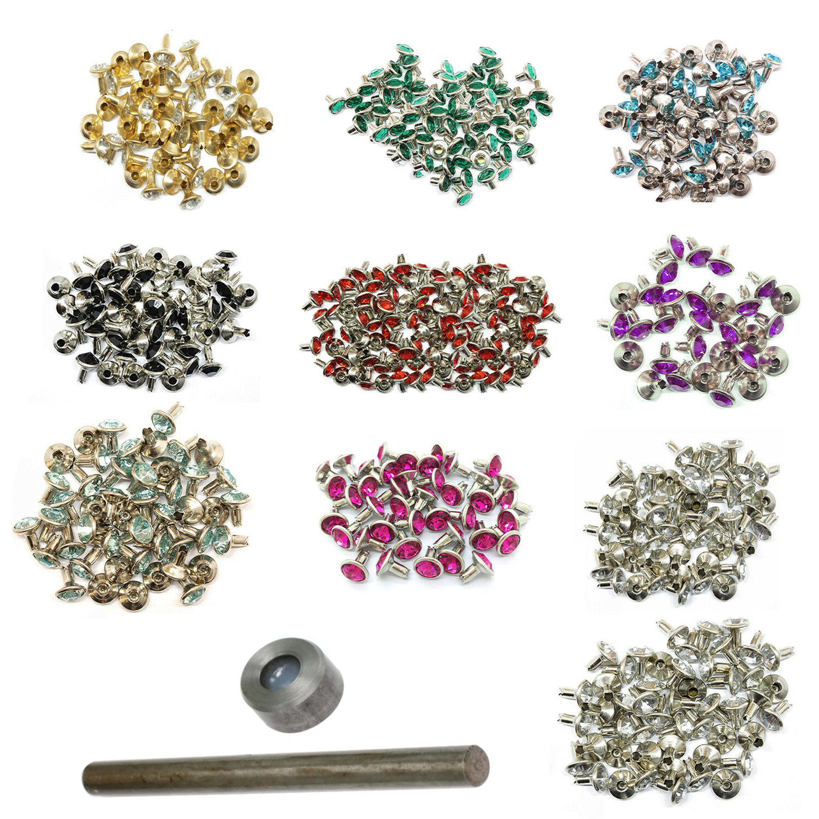 Cristal Diamante Remaches 10mm + Mano Herramienta Fijador para Ropa Bolsas 10/