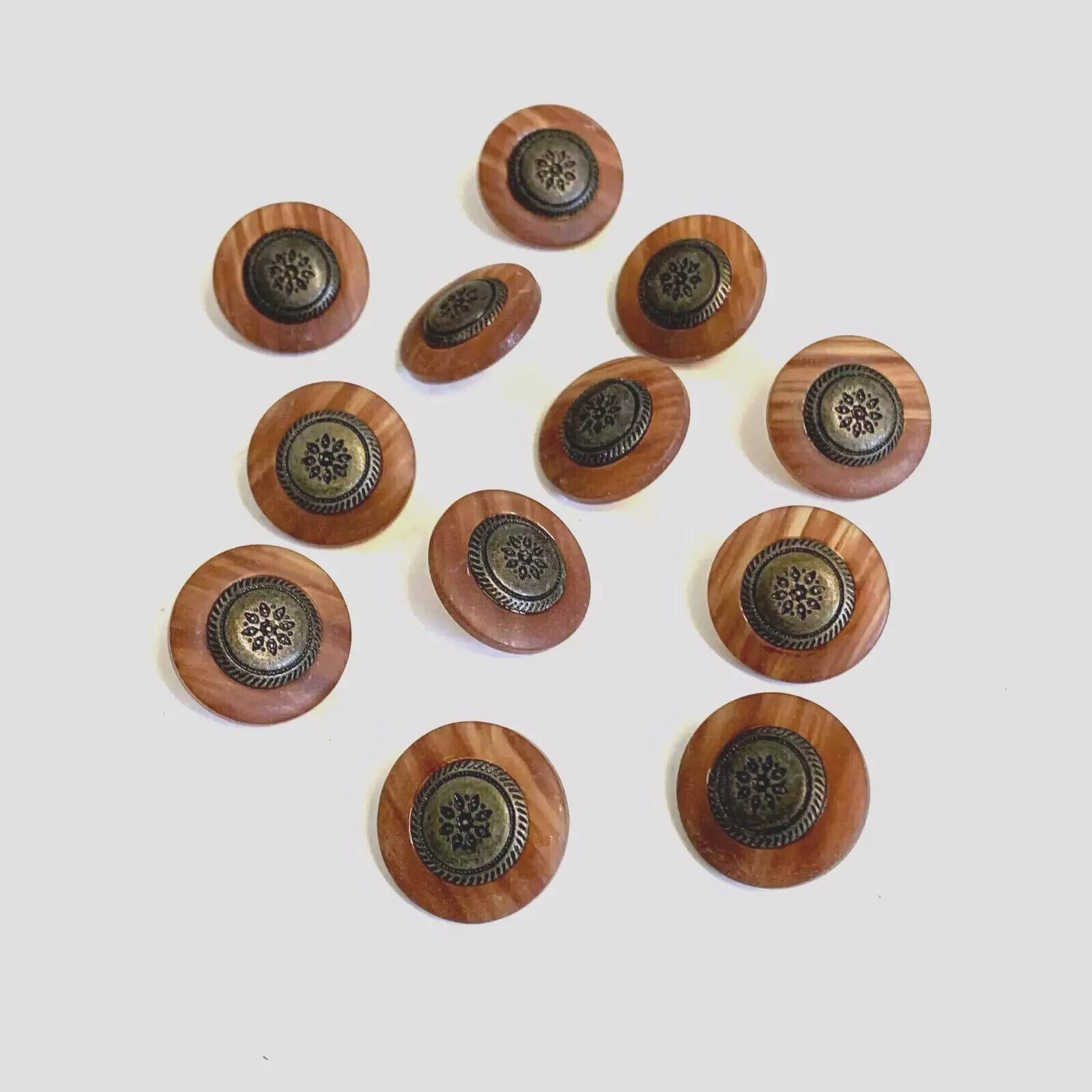24 Antiqued Brass Tone Metal Brown Plastic Round Buttons Shank Sewing 18 mm #BR1