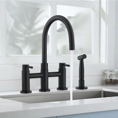 Two-Handles Bridge Kitchen Faucet with Side Sprayer, Deck Mount