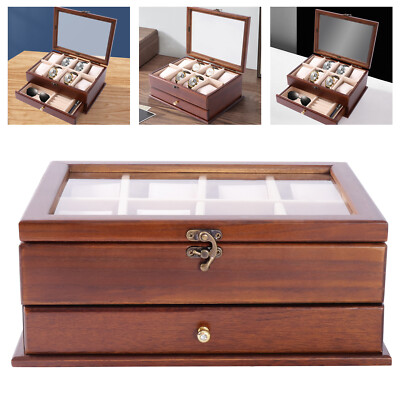 8-Slot Watch Box Case Lockable 2 Layers Watch Holder Organizer Display w/ Drawer