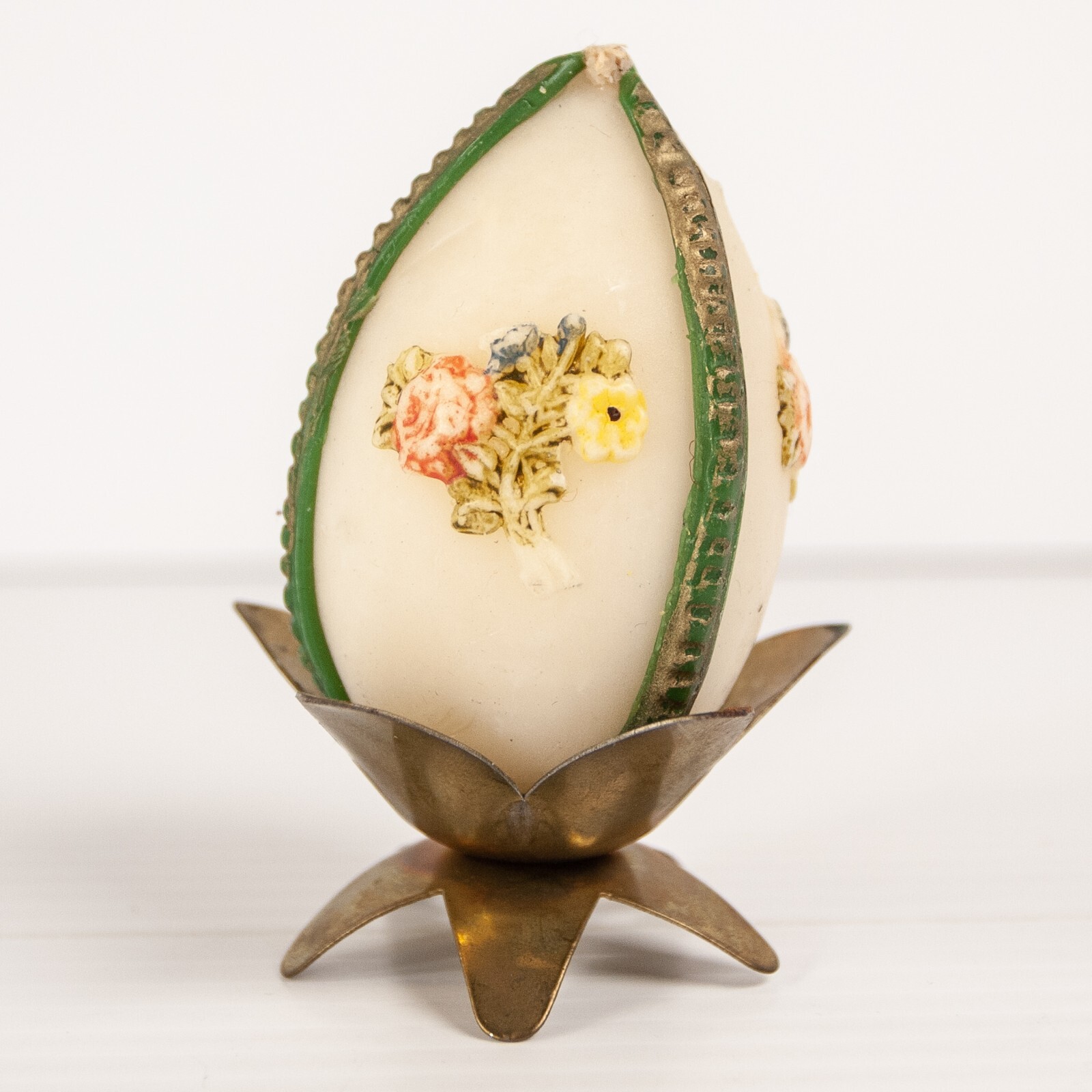 Vintage Easter Egg Shaped Candle Floral Green Trim w/ Brass Holder