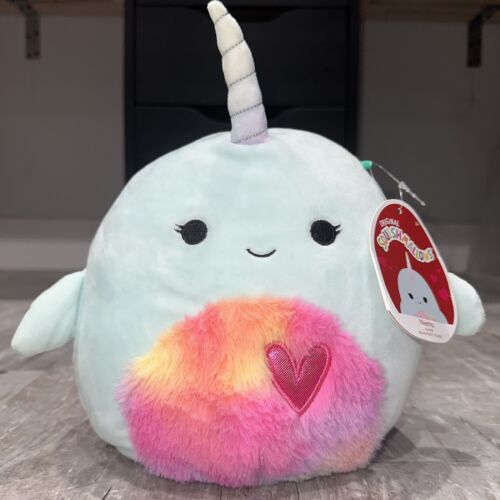 Squishmallows Niema 8” Narwhal Valentines Squad 2022 Rainbow Fuzzy Belly Heart