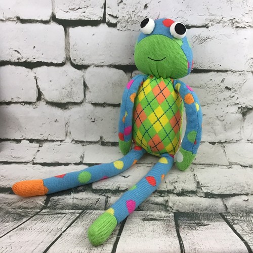 SCM Designs 2011 Knit Sock Frog Yellow Blue Stuffed Animal Plush 19" Polka Dots