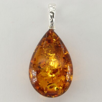 Cognac / Brown BALTIC AMBER Teardrop / Pear Pendant 925 STERLING SILVER #168e