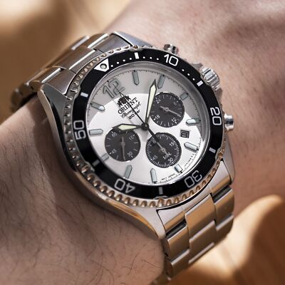 Pre-owned Orient Mako Rn-tx0203s White Panda Solar Chronograph Men's Watch Inbox Fedexdhl
