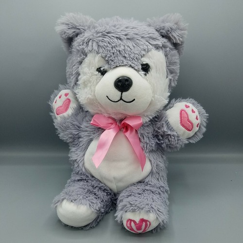 Kellytoy Wolf Husky Dog Plush 14” Pink Heart Paws Grey Stuffed Animal Valentine