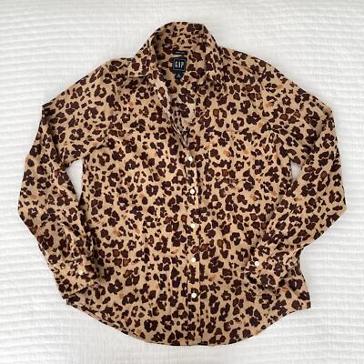 New Gap Leopard Animal Print Long Sleeve Button Up Shirt in Brown and Tan Size M