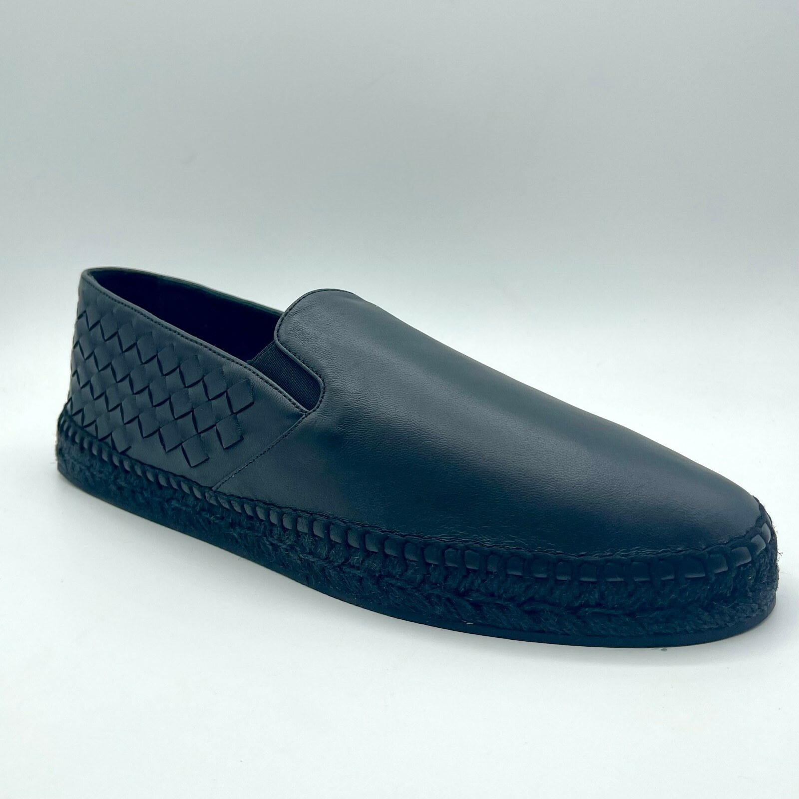 Pre-owned Bottega Veneta $680  Men's Black Leather Woven Slip On Espadrilles 407387 1000