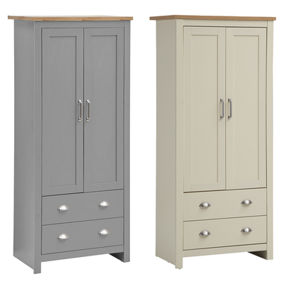 2 Door 2 Drawer Wardrobe Cream with Oak Top Bedroom Clothes Storage Furniture