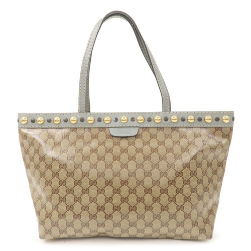 【M】 Auth GUCCI Leather Studs Tote Bag Beige Gray GG Crystal PVC 207291