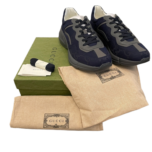 Pre-owned Gucci Gg Supreme Maxi Blue Gray Canvas Rhython Sneakers Men's 12 | Us 12.5