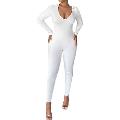 Women Lace Up Hooded Jumpsuit Elastic Skinny Backless Romper Party Club Playsuit