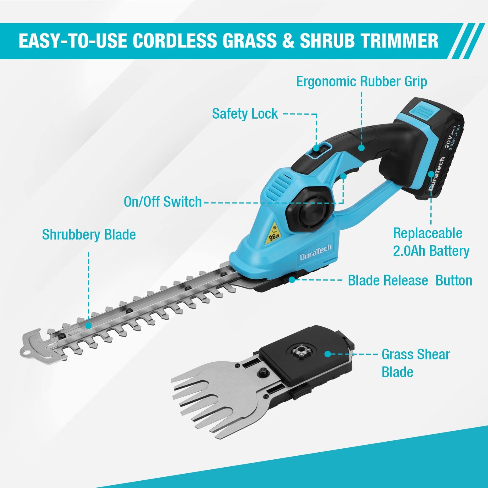 DURATECH 20V Cordless Hedge Trimmer Grass Shears 2-in-1 Shrubbery Hedge Trimmer