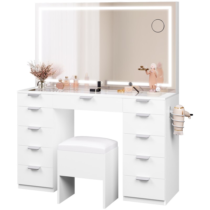 Vanity Desk Set with Large LED Lighted Mirror with 11 Drawer