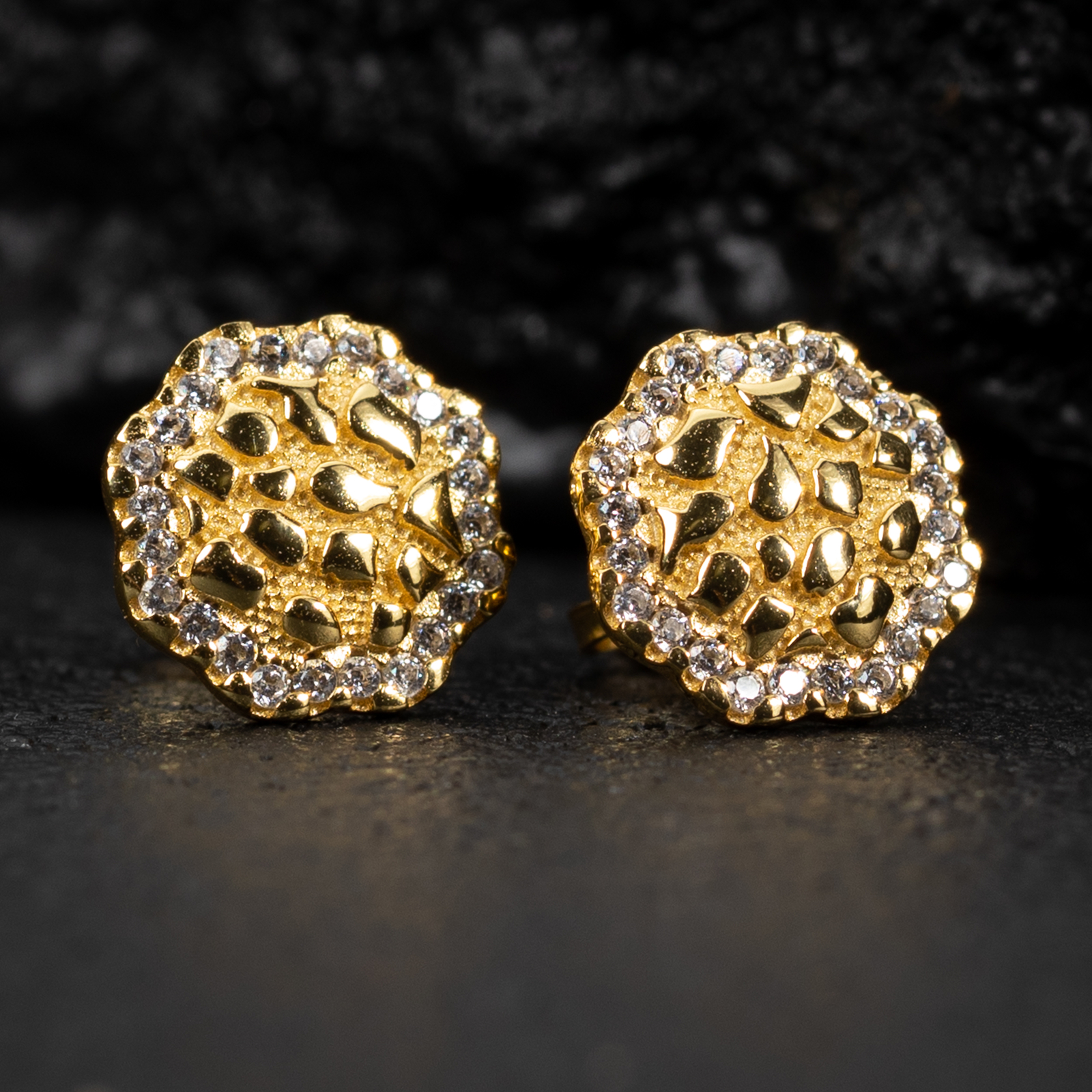 Men's Iced Cz 14K Gold Plated Nugget Hip Hop Stud Screw Back Earrings