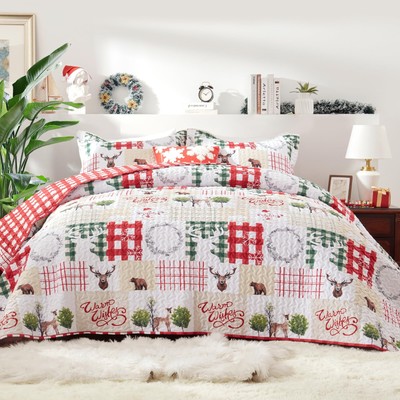 Christmas Quilt Set Queen/Full Rustic Christmas Plaid Patchwork Lightweight Q...
