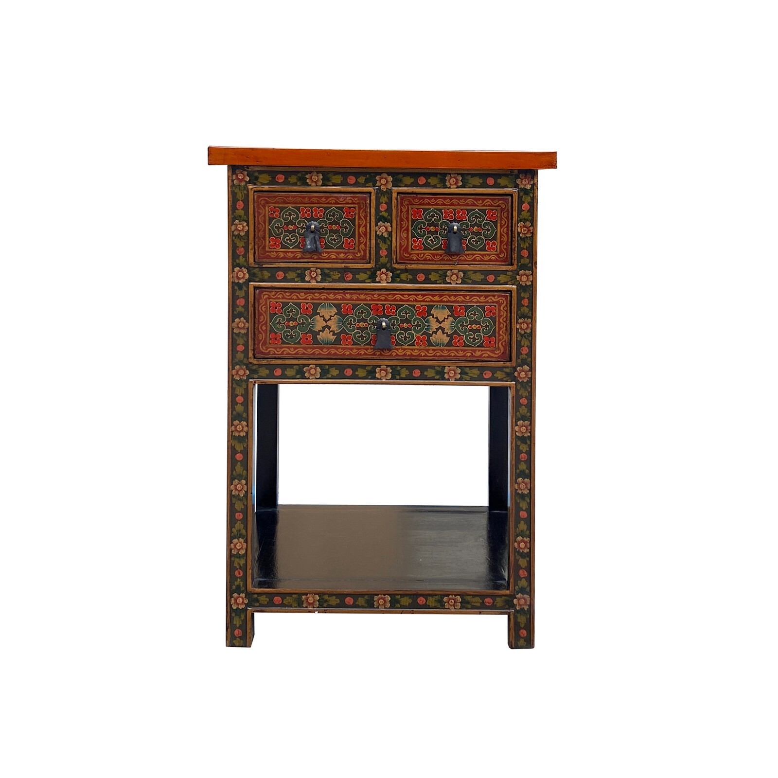 Red Black Tan Tibetan Floral End Side Table Nightstand Cabinet cs7472S Red Black Tan Tibetan Floral End Side Table Nightstand Cabinet cs7472S