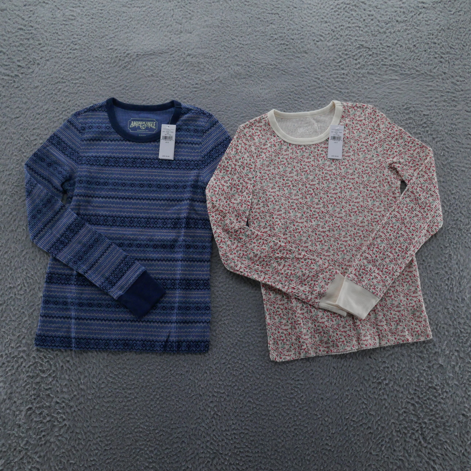 American Eagle Women Waffle Knit Top Lot of 2 Small Blue Fair Isle Ivory Red NEW