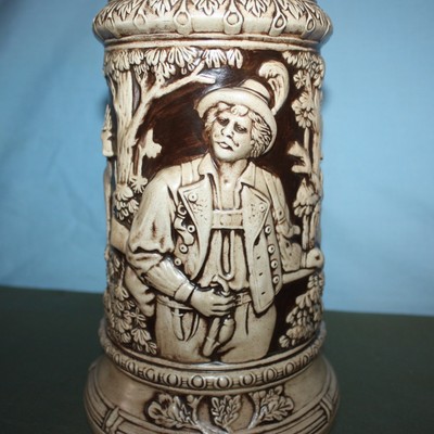 SUPER-SIZED CERAMIC ORNATE BEER STEIN LOCALLY DECORATED & FIRED IN MAQUOKETA, IA