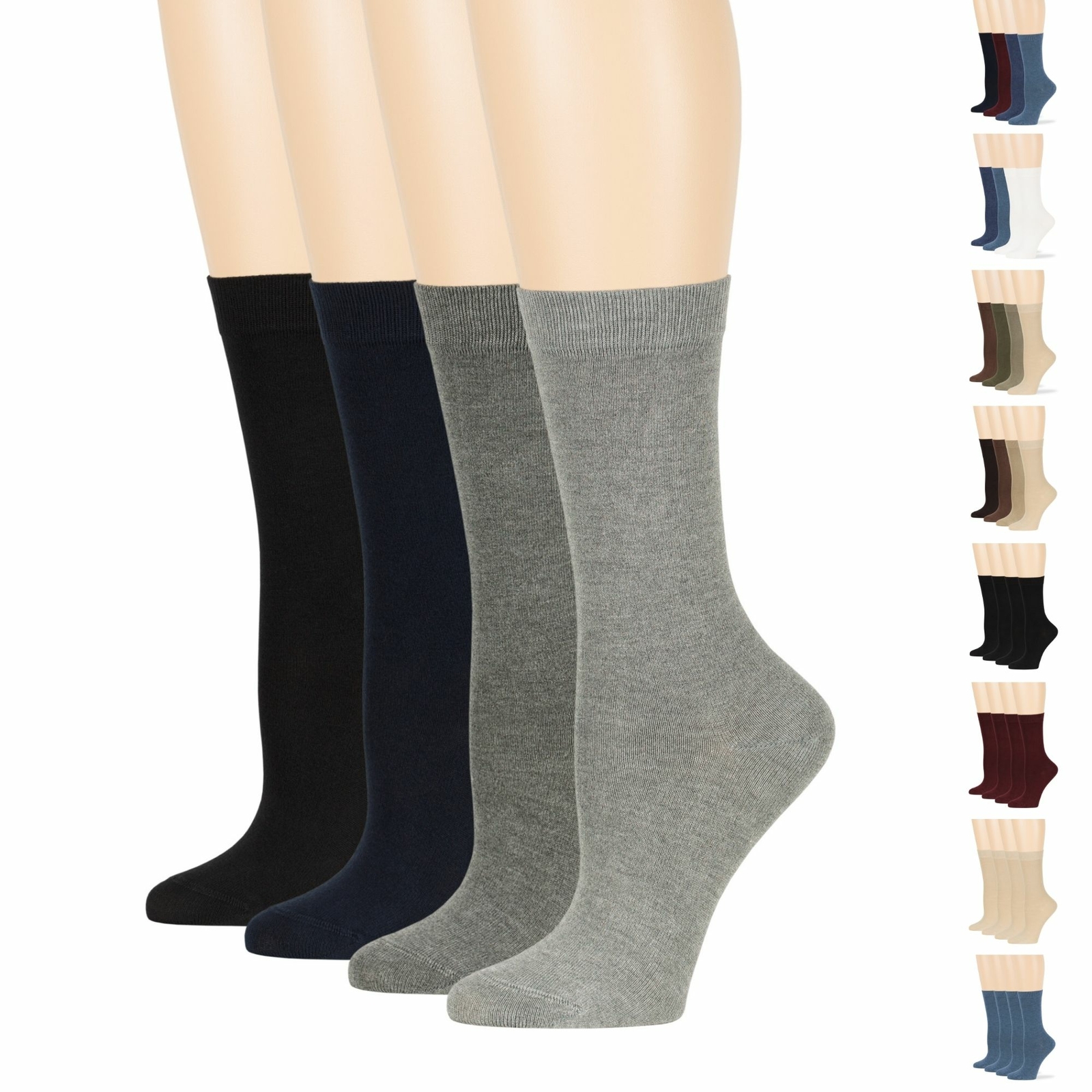 Womens Bamboo 4 Pack Solid Crew Socks L-M Black-Navy-Brown-B