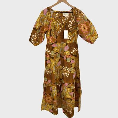 Flora Bea NWT Brown Multicolor Floral Retro Fabio Maxi Dress Size XS
