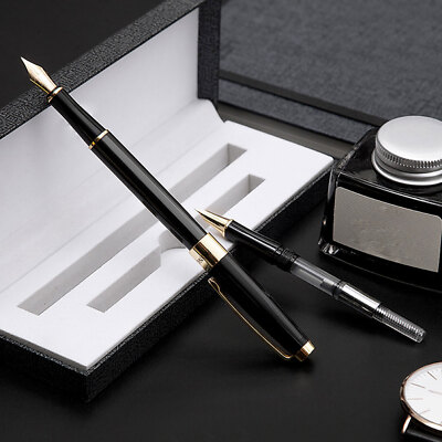 Hongdian 515 Black Metal Fountain Pen w/ Dual Nibs 0.5/0.7mm Office Writing PetC