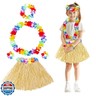 Fortuning's JDS Girl's Hawaiian Hula Grass Skirt with Flowers Costume Set Raffia Skirt for Luau Tropical Beach Party