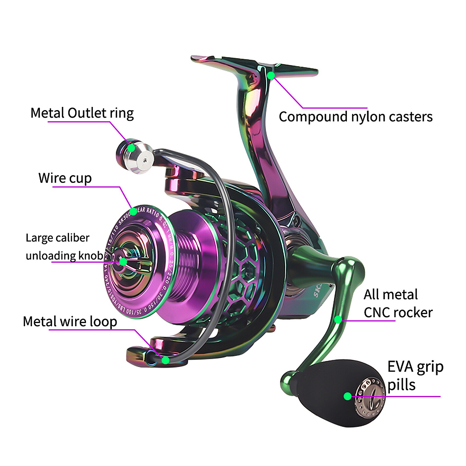 Fishing Reel Colorful Ultralight Metal Spinning Reels with Graphite Frame SK2000