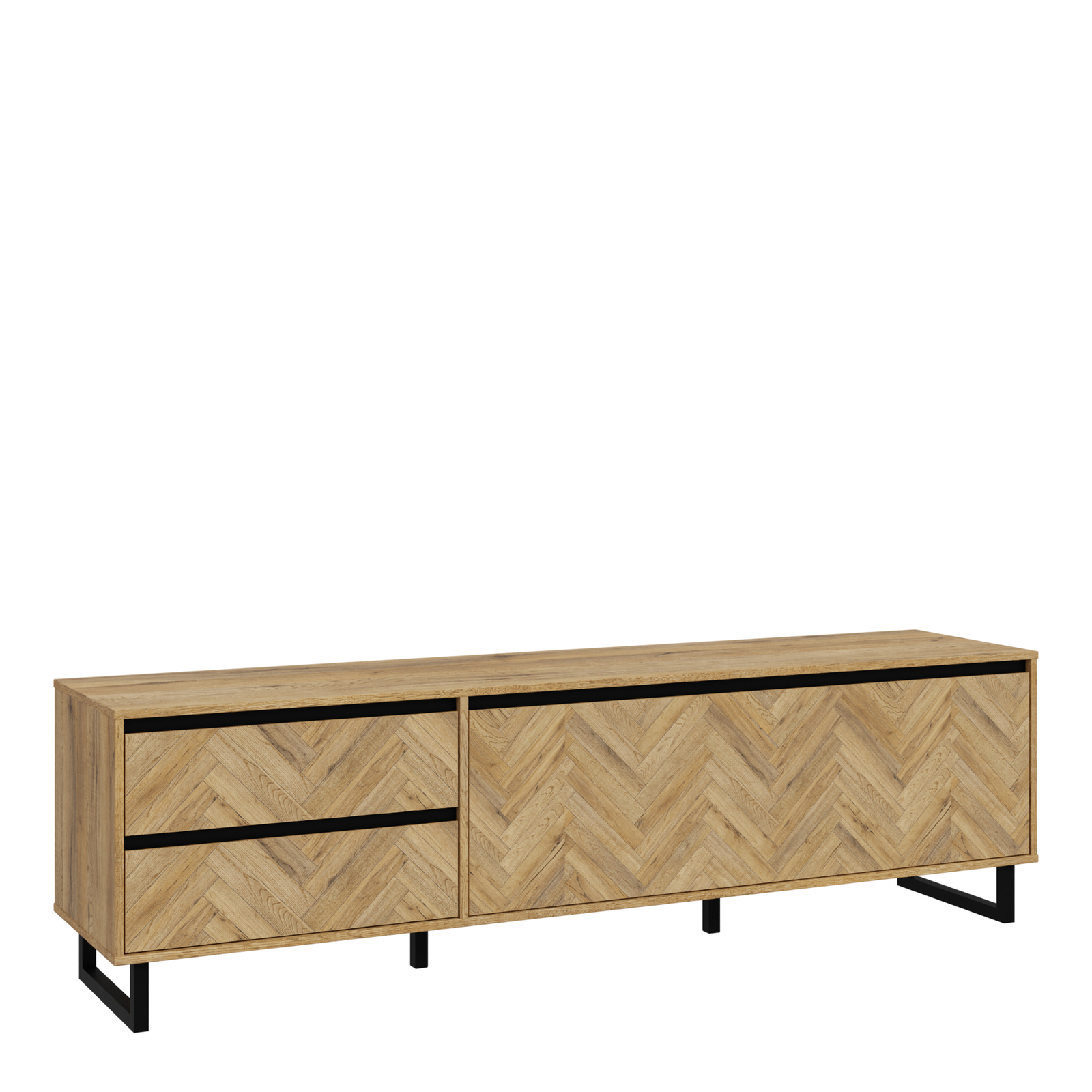 TV Unit in Spica Oak/Bartex Oak - 2 Drawers 1 Door - Matt Black Metal Legs