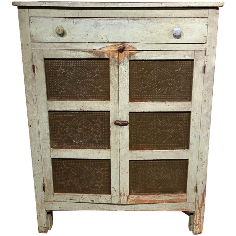 19th C Pie Safe With Punched Tin Panels In Old Green Paint