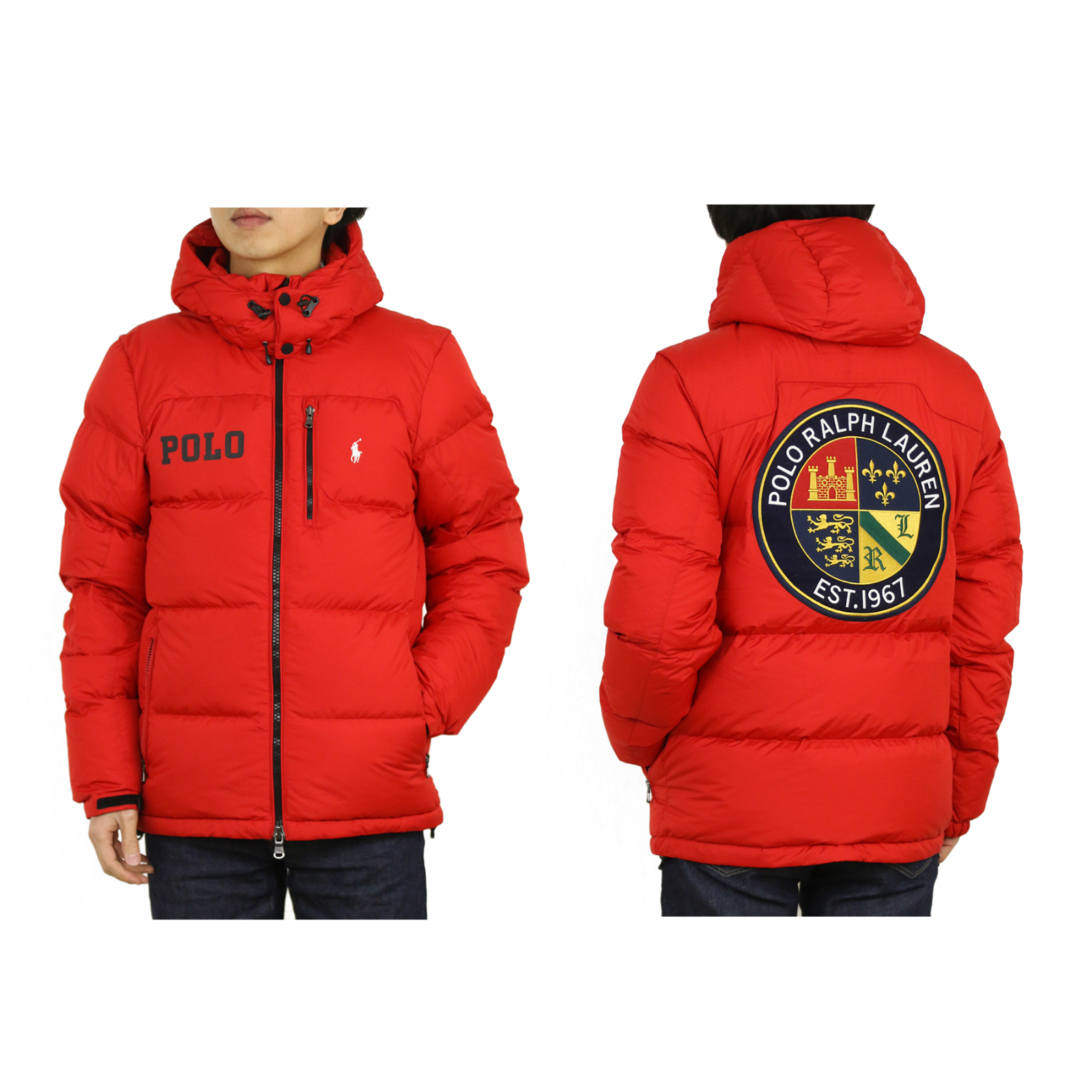 Pre-owned Polo Ralph Lauren Hooded Down Puffer Jacket W/ Emblem Patch Back - Red