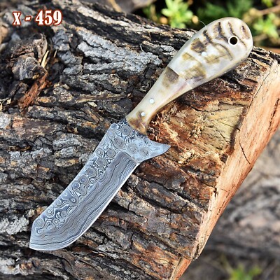 HANDMADE DAMASCUS STEEL KNIFE HUNTING SKINNING BULL CUTTER KNIFE RAM HORN HANDLE