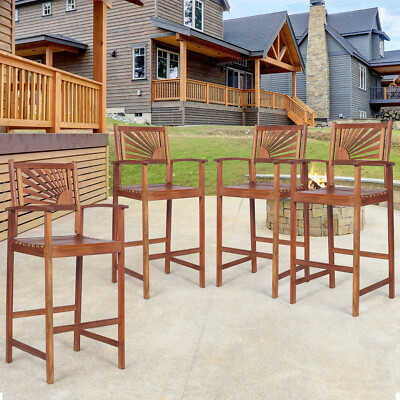 Patiojoy Set of 4 Bar Stools 29 in Acacia Wood Pub Chairs Outdoor w/ Armrests