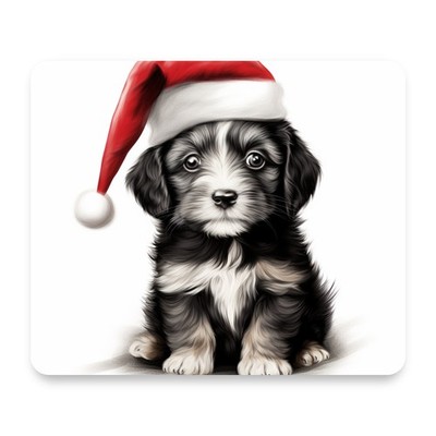 Shaggy Black & White Dog Puppy Art Santa Hat Christmas Mouse Pad 9.25x7.75