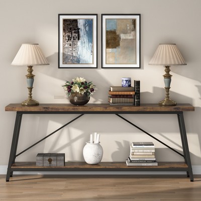 71 Inch Long Narrow Sofa Table Behind Couch, 2 Tier Console Table with Storage