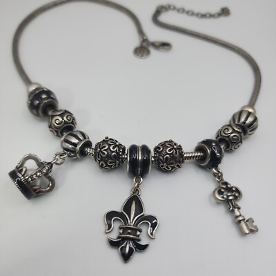 Grace Adele Fleur De Lis Charm Bead Key Crown Black Silvertone Floral Adj 21'' 