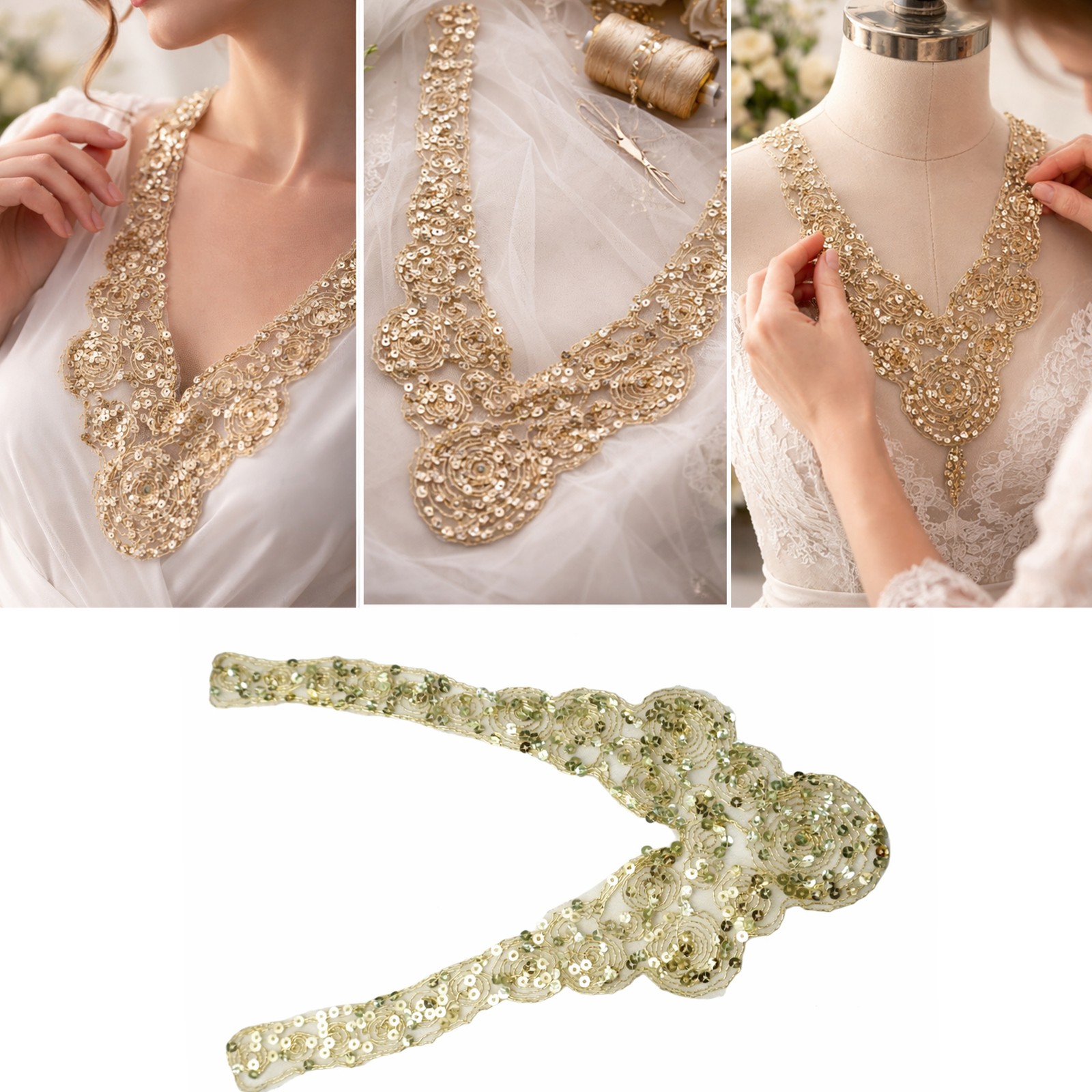 Gold Sequin Rhinestone Lace Collar Fabric Neckline Applique Sewing Dress Craft