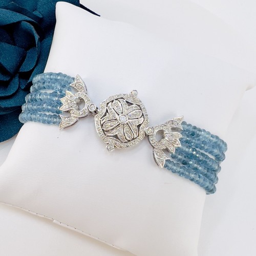 Antique Style 14k White Gold Genuine London Blue Topaz & Diamond Bracelet New 7