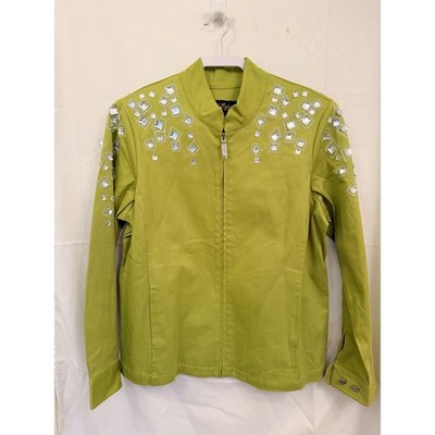 Bob Mackie Wearable Art Lime Green Rhinestone Zip Front Jacket chartreuse M NWT