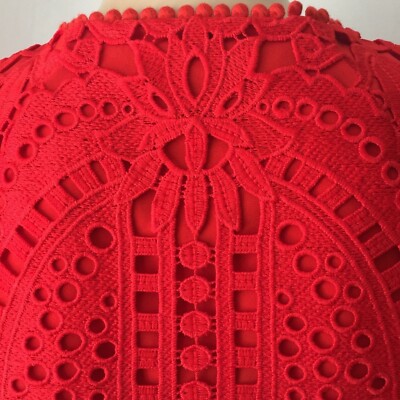 Pre-owned St John Knit Size 6 Lace Jacket African Red Polyester & Silk