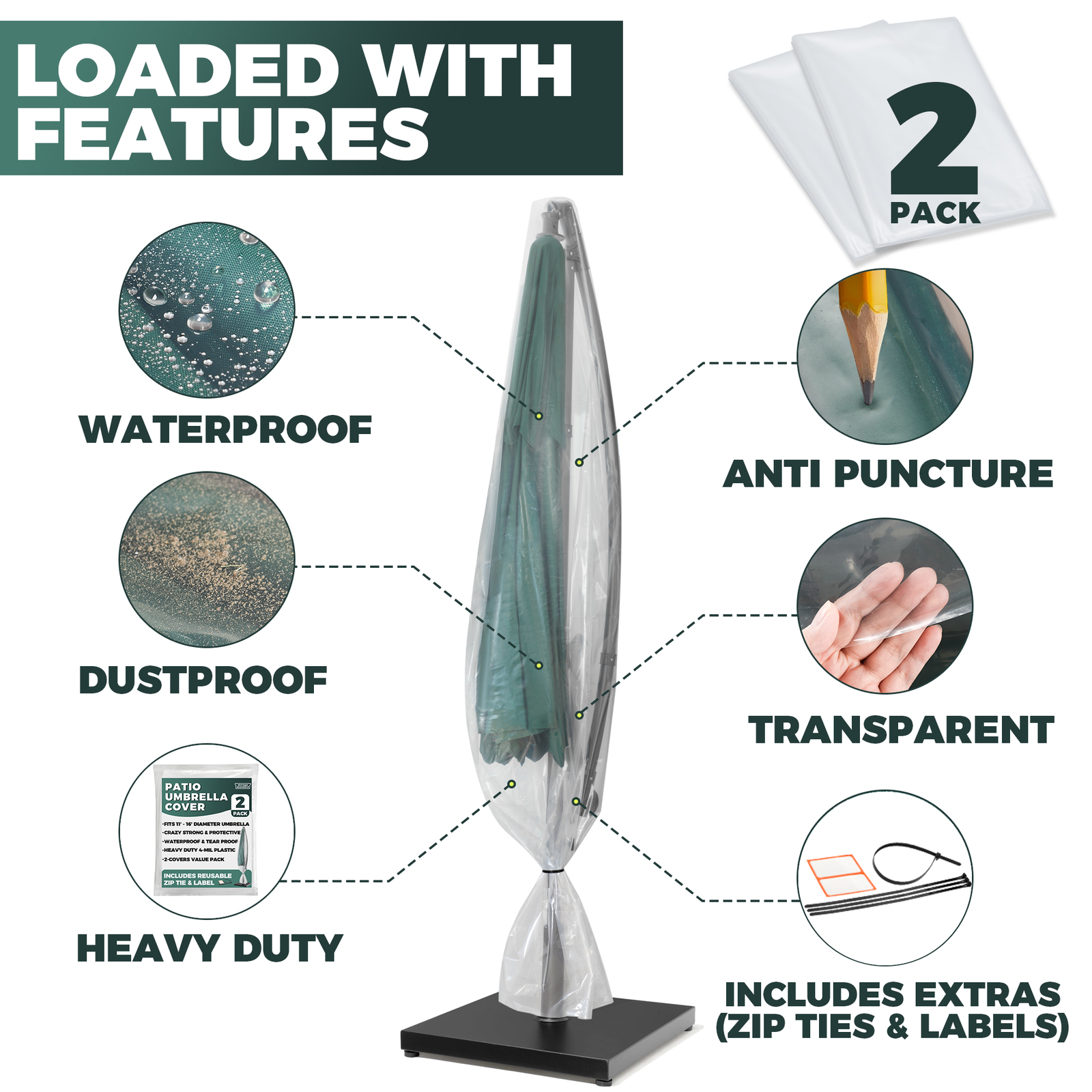2-Pack Patio Umbrella Cover Replacement - Larger 11 to 16 Foot Diameter Umbrella - Picture 5 of 9