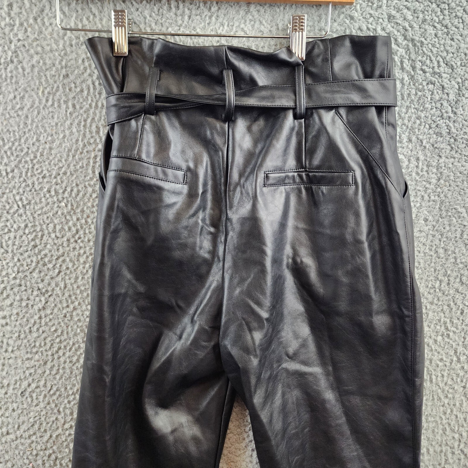 Lucy Paris Faux Leather Paperbag-Waist Pants Women's S Black Zip Fly Belt Loop - Picture 12 of 15