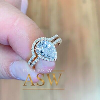 Pre-owned Asw 14k Rose Gold Pear And Round Cut Simulated Diamond Engagement Ring Band 2.00ct In Pink