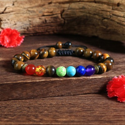 Natural 7 Chakra Tiger Eye 8MM Beads Adjustable Rope Braided Healing Bracelet