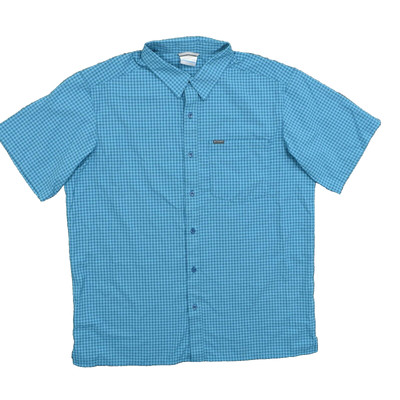 Columbia Men's L Button Shirt Short Sleeve Check Blue Stretch Pocket Check Polye