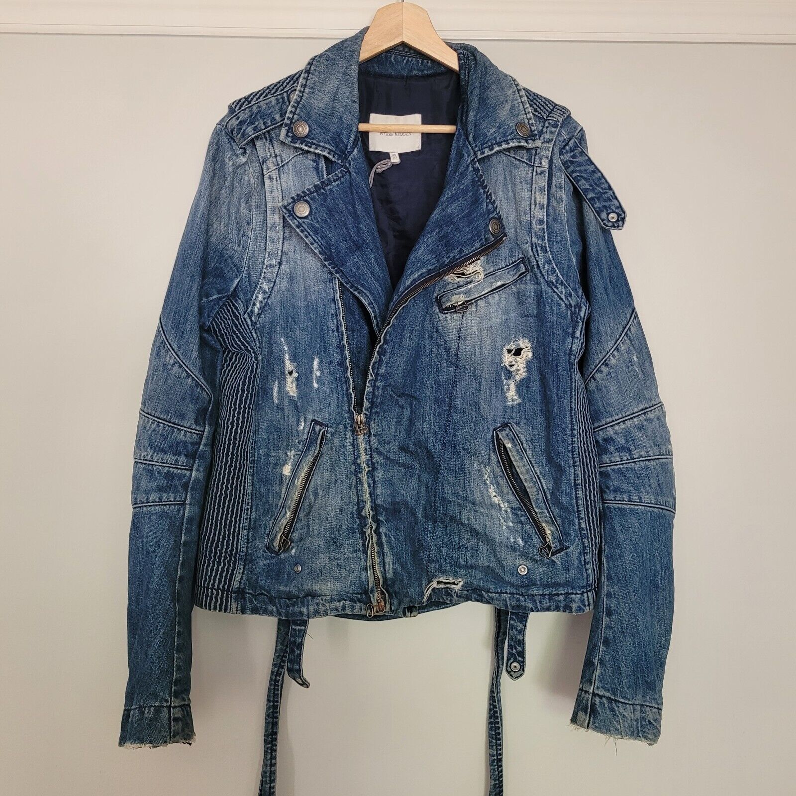 RARE Pierre Balmain Moto biker blue denim jacket $1,920 36