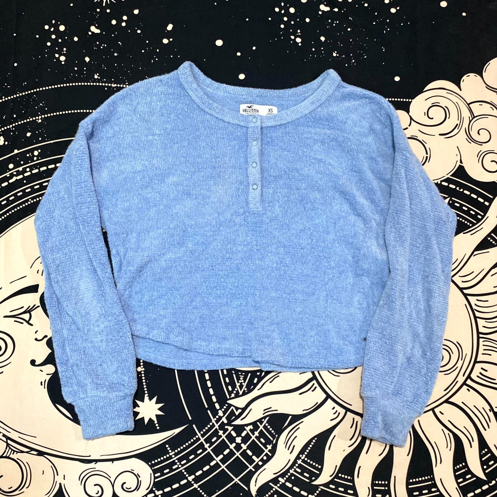 Hollister Henley Sweater Women's XS Blue Knit Holiday Cropped Preppy Academia