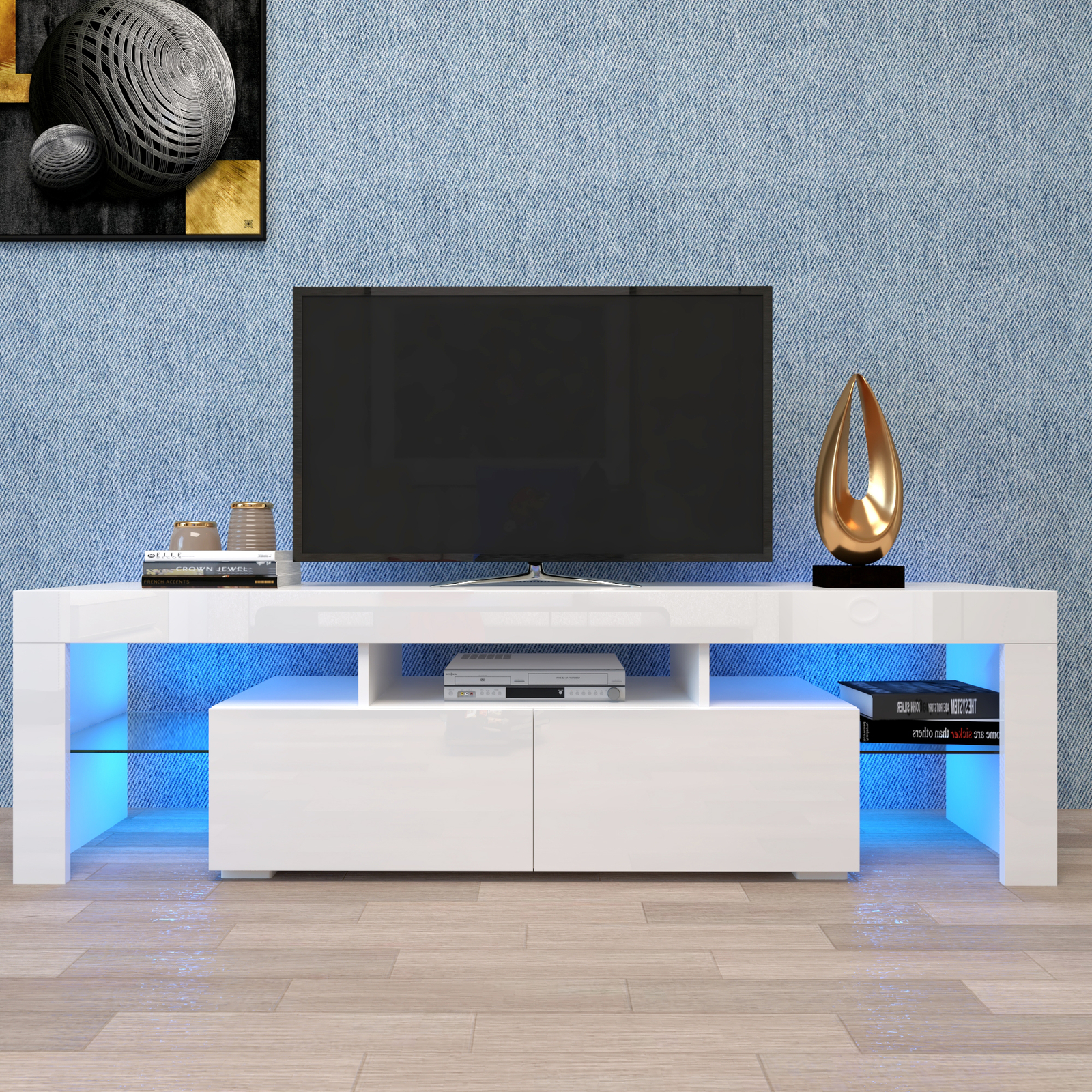 For 75 Inch Tv Modern Tv Cabinet W/16 Color Led Light 2 Draw