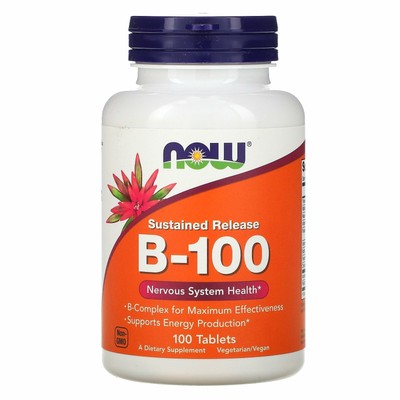 Now Foods B-100 Sustained Release 100 таблеток с гарантией качества GMP, веганский,