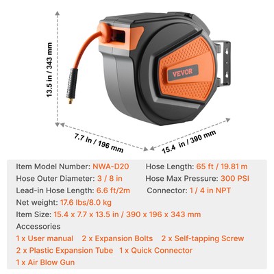 Retractable Air Hose Reel 3/8 IN x 65 FT Hybrid Enclosed Air Hose 300 PSI